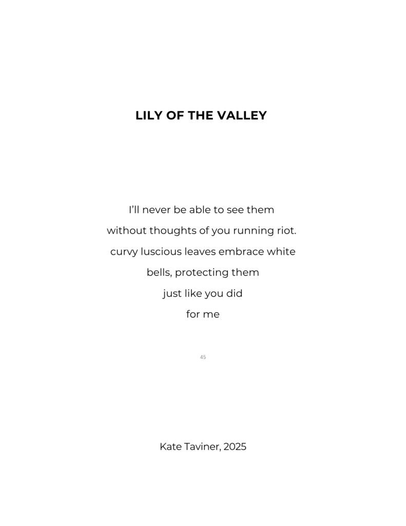Lily of the Valley is a poem written to Kate's mum. She wrote it in May, the month these flowers bloom, and a poignant time of the year as the anniversary of her mum's passing.